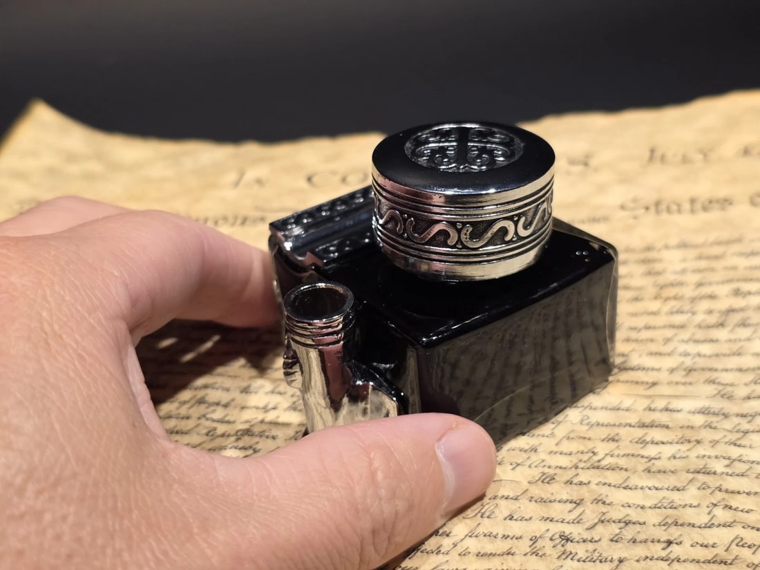 5" Glass Inkwell Pen Rest Filled with 1.75 oz Black Ink - 5