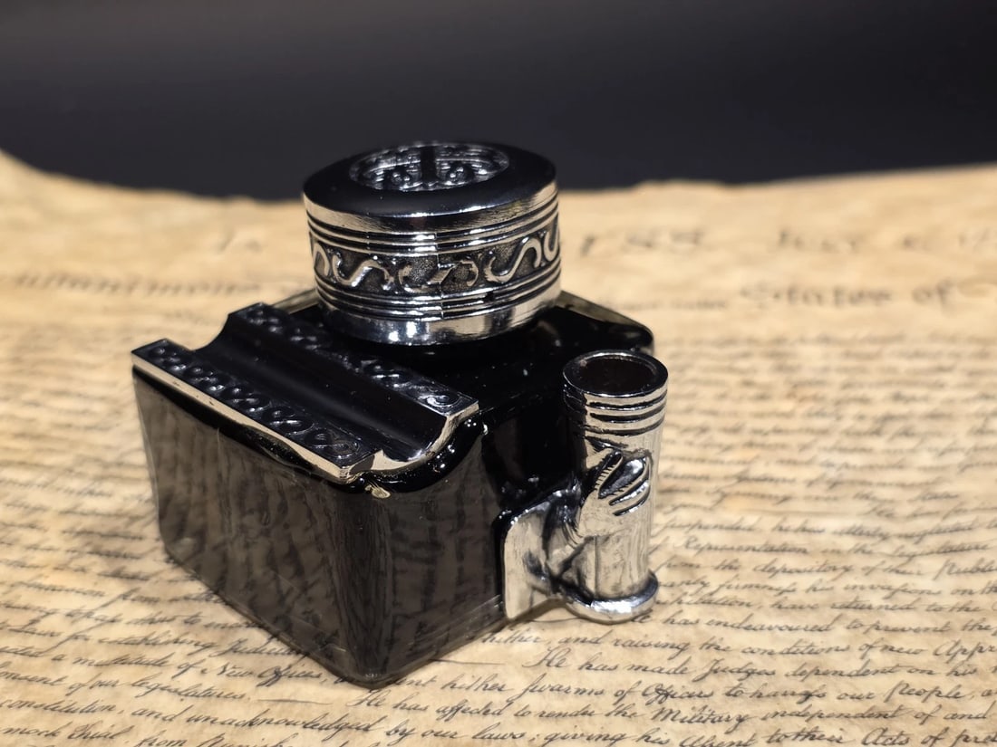 5" Glass Inkwell Pen Rest Filled with 1.75 oz Black Ink - 9