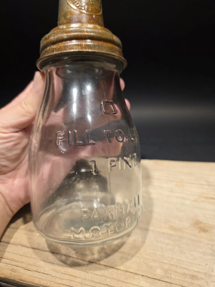 1930s Style Glass Farmall Oil Bottle w Spout - 4