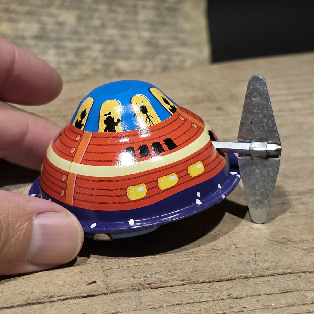 Litho Flying Saucer Toy Wind-Up UFO Spaceship Retro Space Age: New Reproduction Vintage-style tin lithograph flying saucer toy inspired by the Space Age fascination with rockets, UFOs, and extraterrestrial themes that swept popular culture during the 1950s and 19