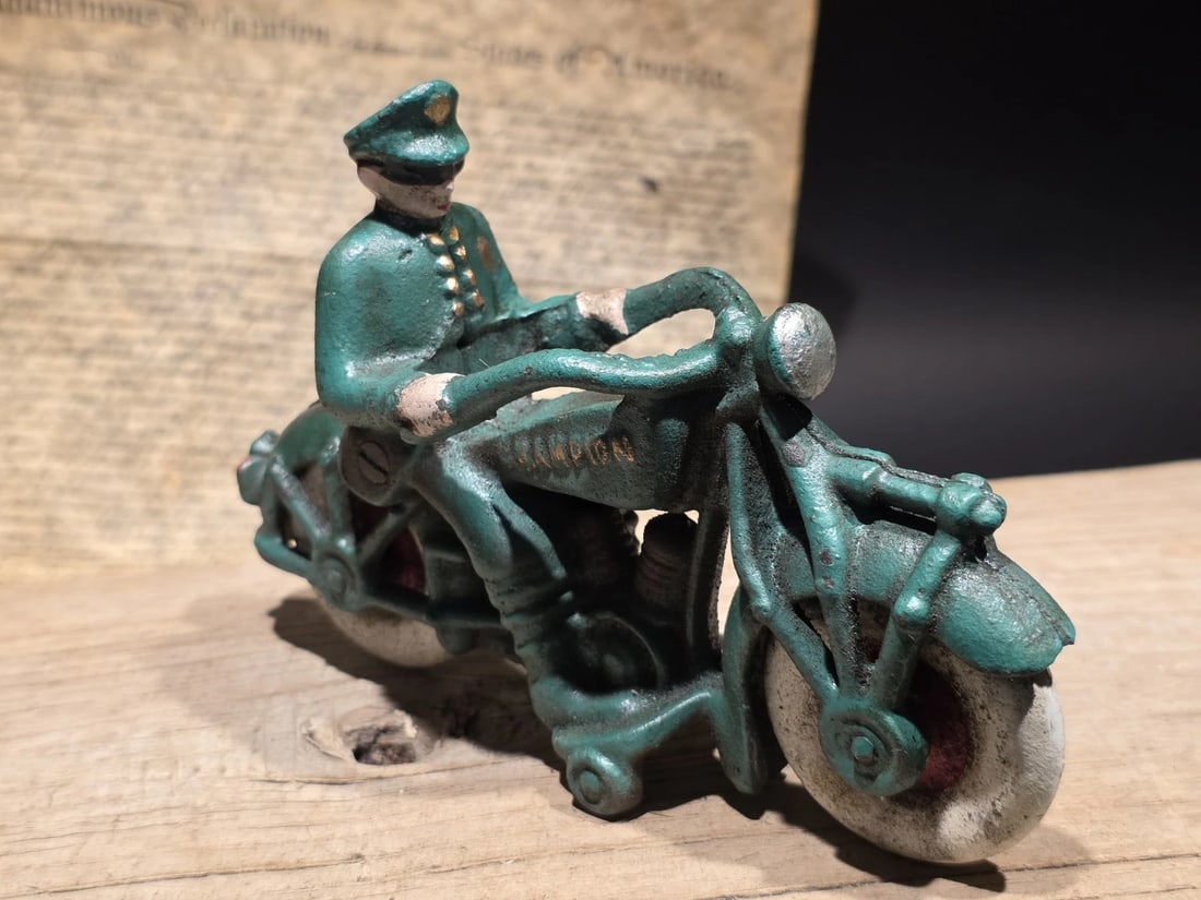 7" Vintage Cast Iron Police Motorcycle Toy Champion Patrol Officer Antique Style - 5