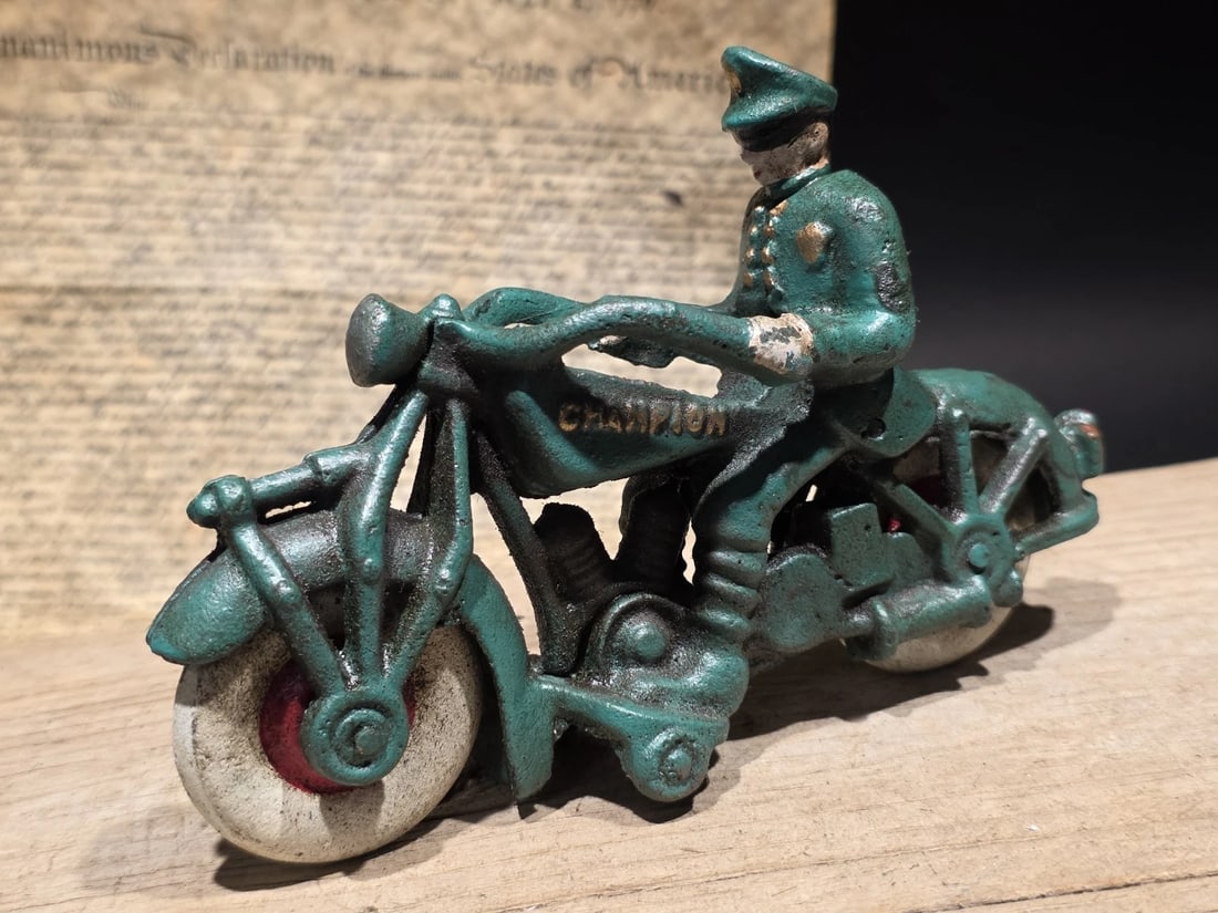 7" Vintage Cast Iron Police Motorcycle Toy Champion Patrol Officer Antique Style - 6