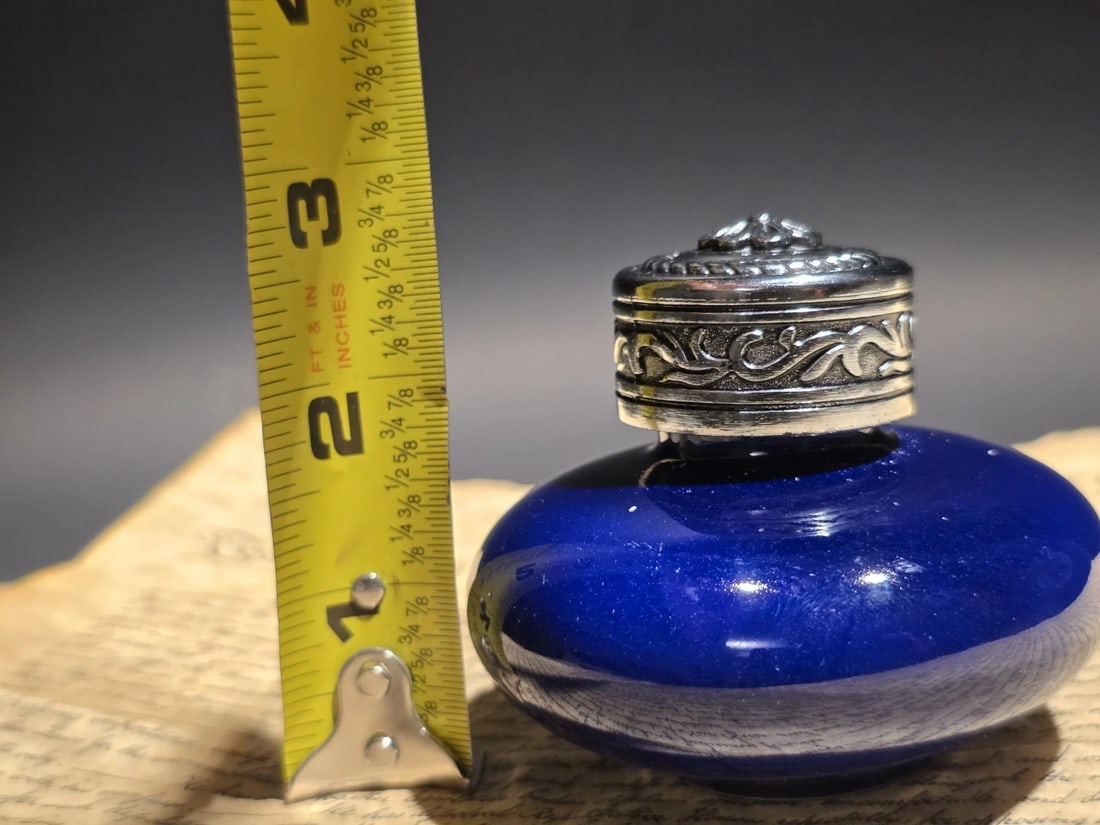3" Cobalt Blue Ceramic Inkwell Inkpot With Silver Metal Screw Lid - 10
