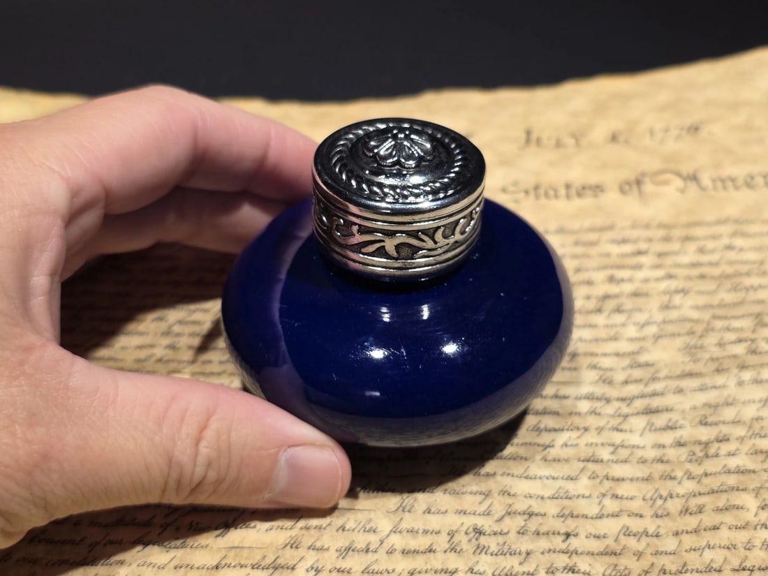 3" Cobalt Blue Ceramic Inkwell Inkpot With Silver Metal Screw Lid - 3