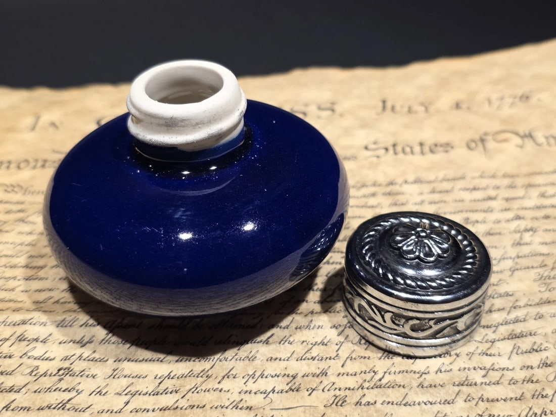 3" Cobalt Blue Ceramic Inkwell Inkpot With Silver Metal Screw Lid - 8