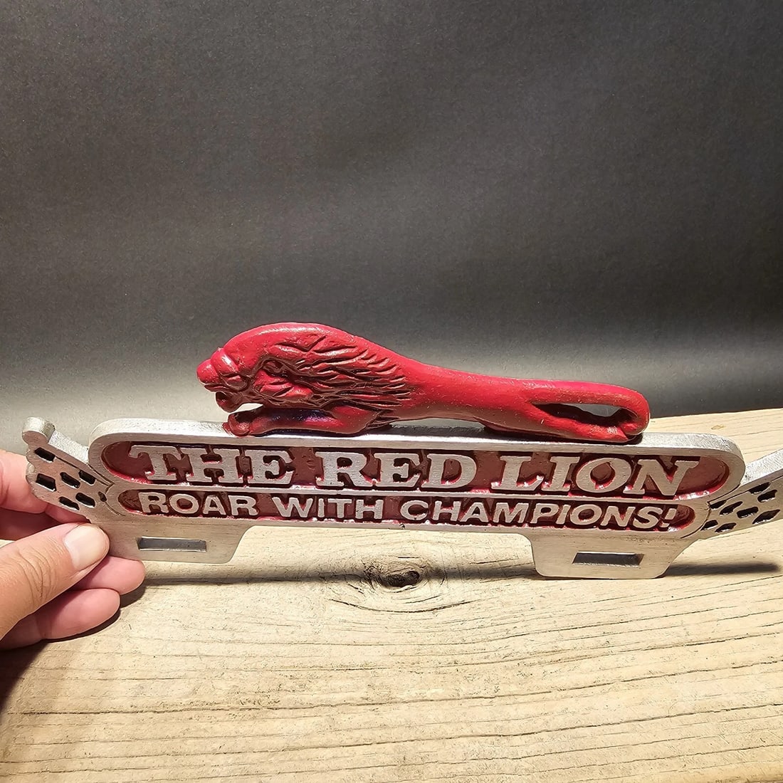 Aluminum Red Lion License Plate Fob Topper - 12