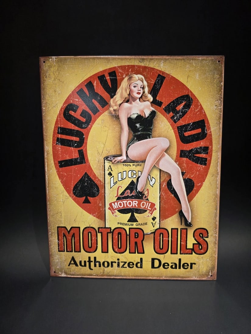 Lucky Lady Motor Oil Tin Pin up Sign - 2
