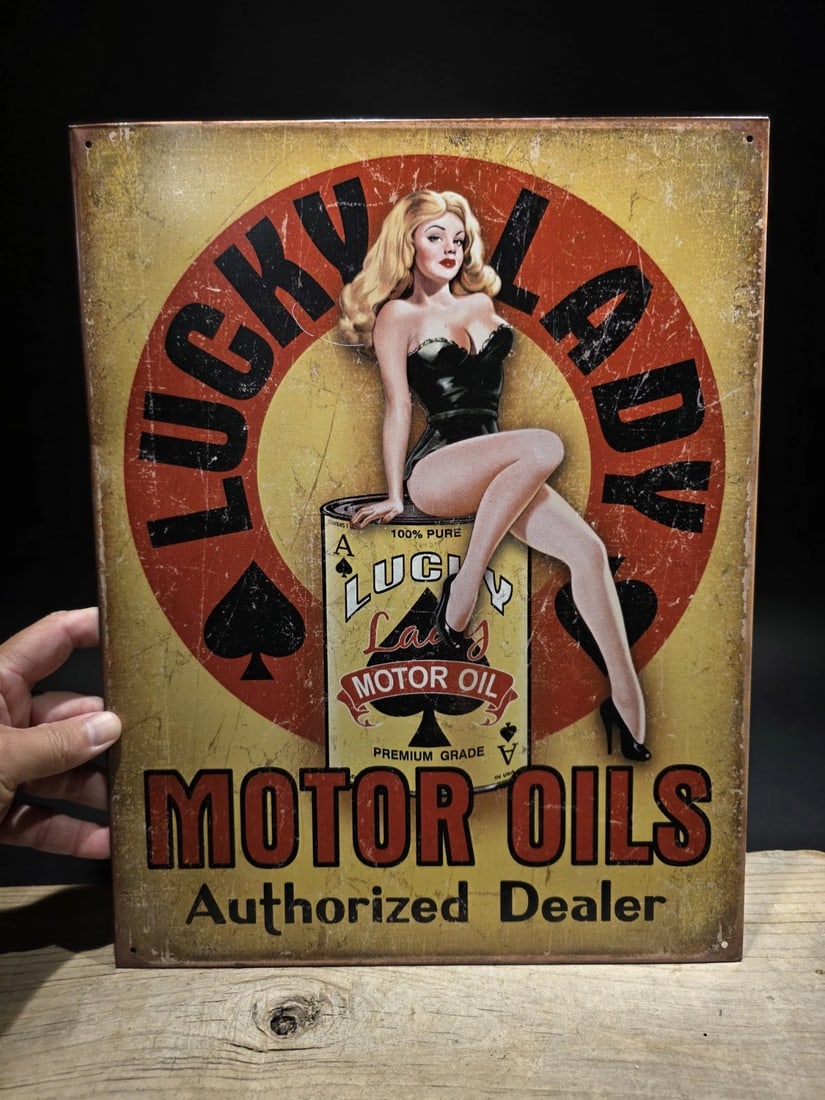 Lucky Lady Motor Oil Tin Pin up Sign - 3