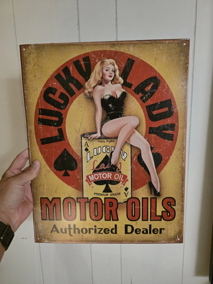 Lucky Lady Motor Oil Tin Pin up Sign - 4