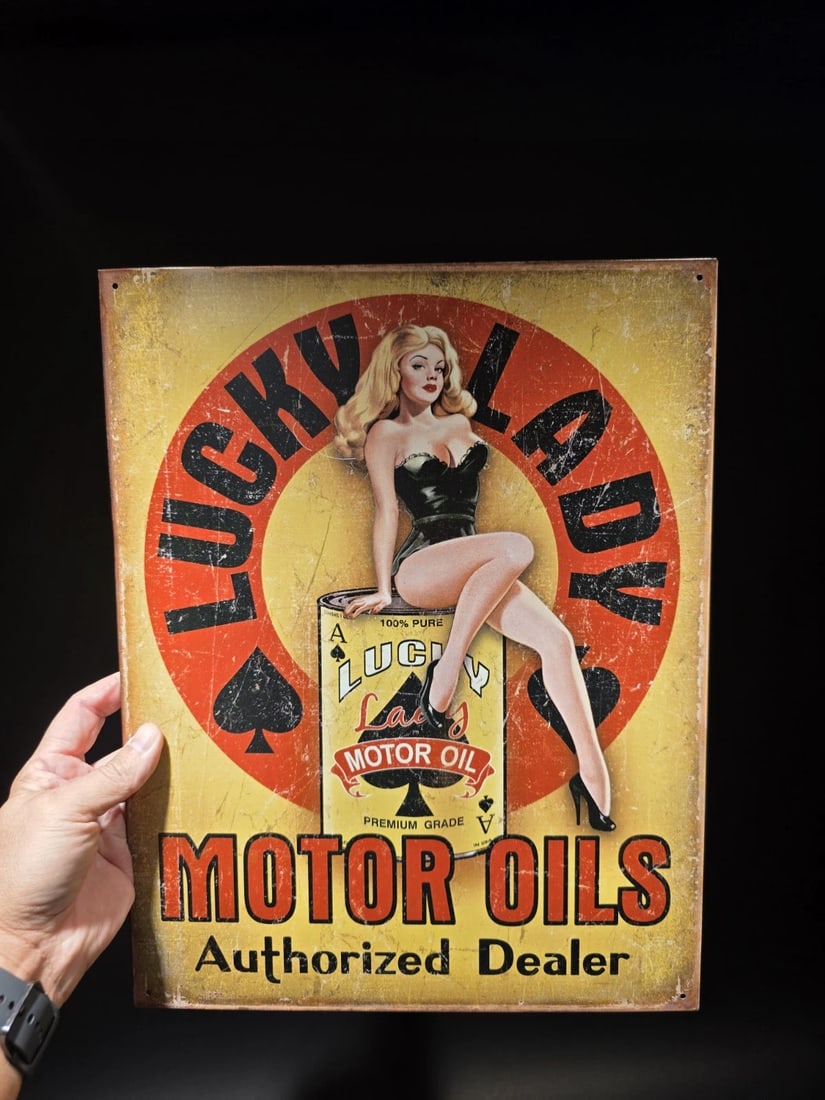 Lucky Lady Motor Oil Tin Pin up Sign - 5