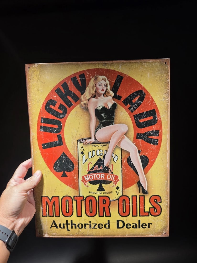 Lucky Lady Motor Oil Tin Pin up Sign - 7