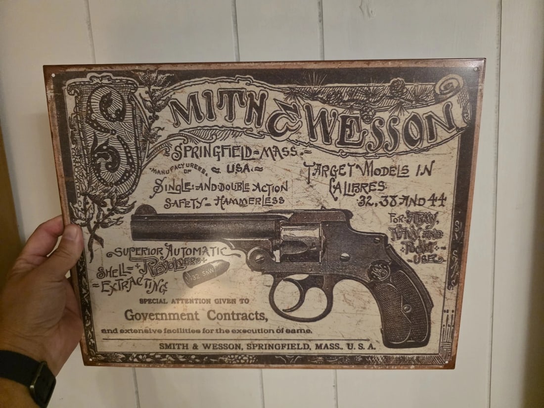 Smith & Wesson Tin Sign 1892 Revolver Advertisement - 7
