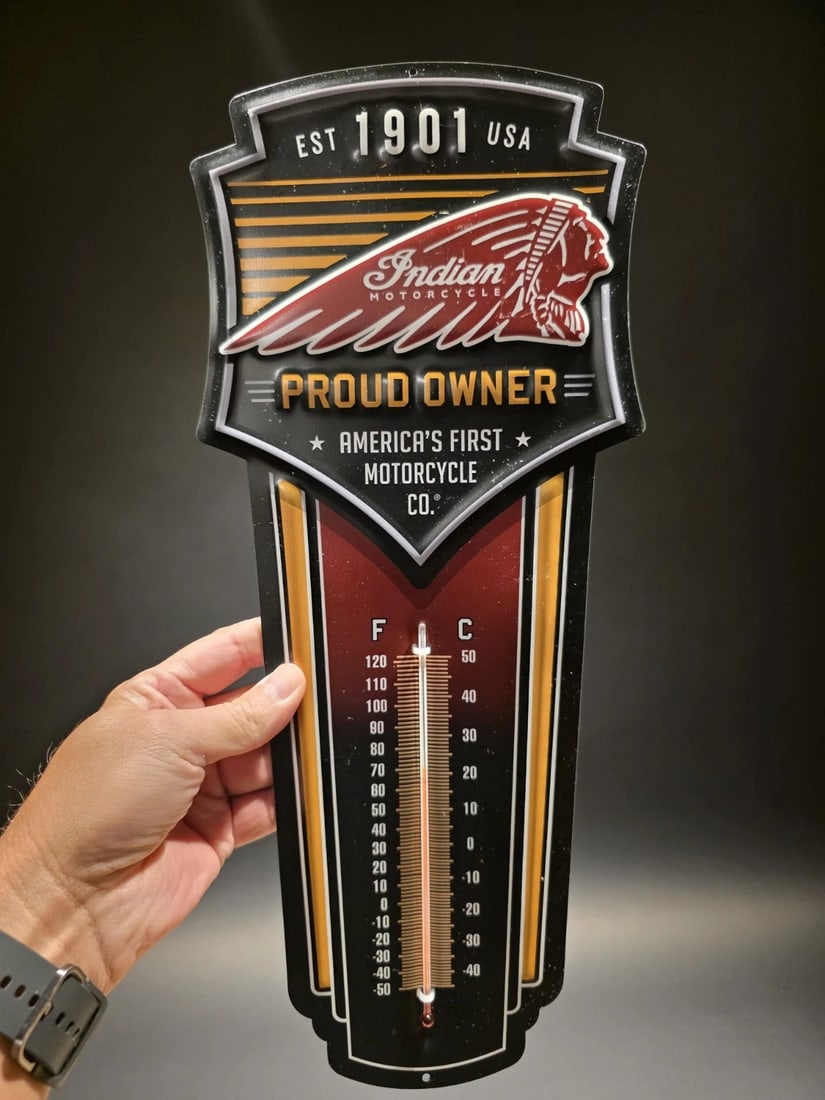 17" Metal Vintage Style Indian Motorcycle Thermometer Sign - 4