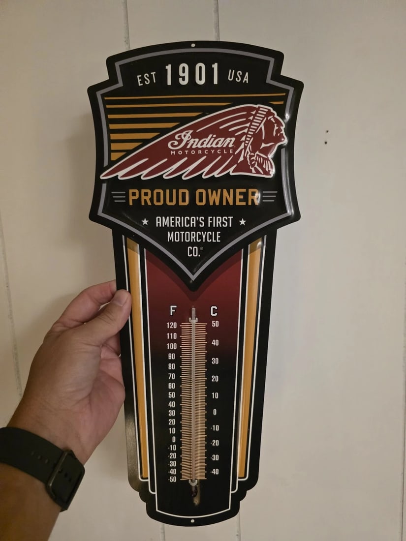 17" Metal Vintage Style Indian Motorcycle Thermometer Sign - 5