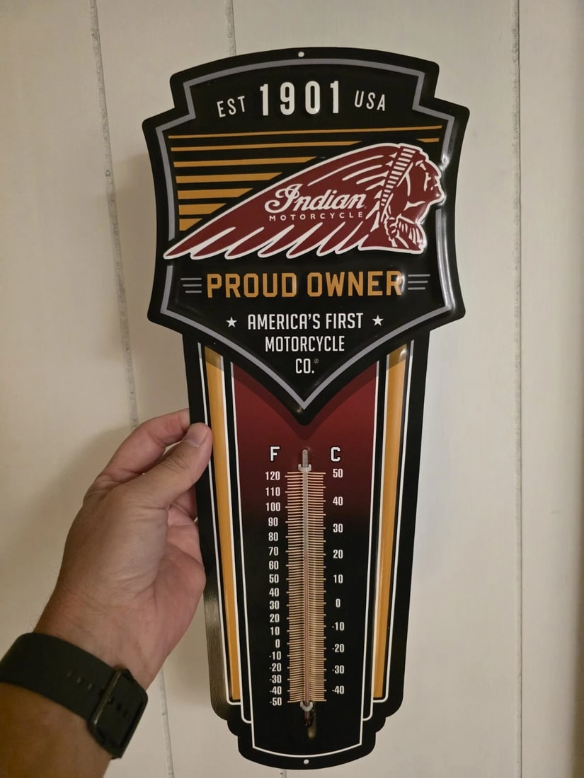17" Metal Vintage Style Indian Motorcycle Thermometer Sign - 6