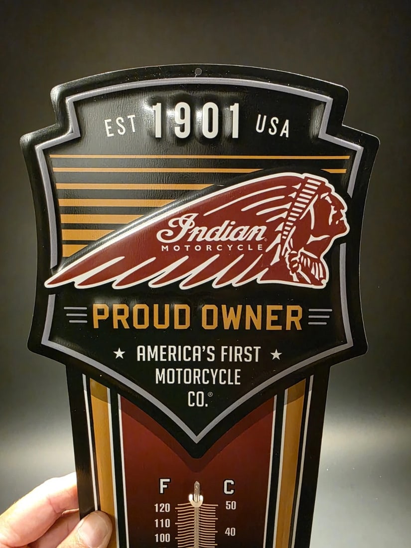 17" Metal Vintage Style Indian Motorcycle Thermometer Sign - 7