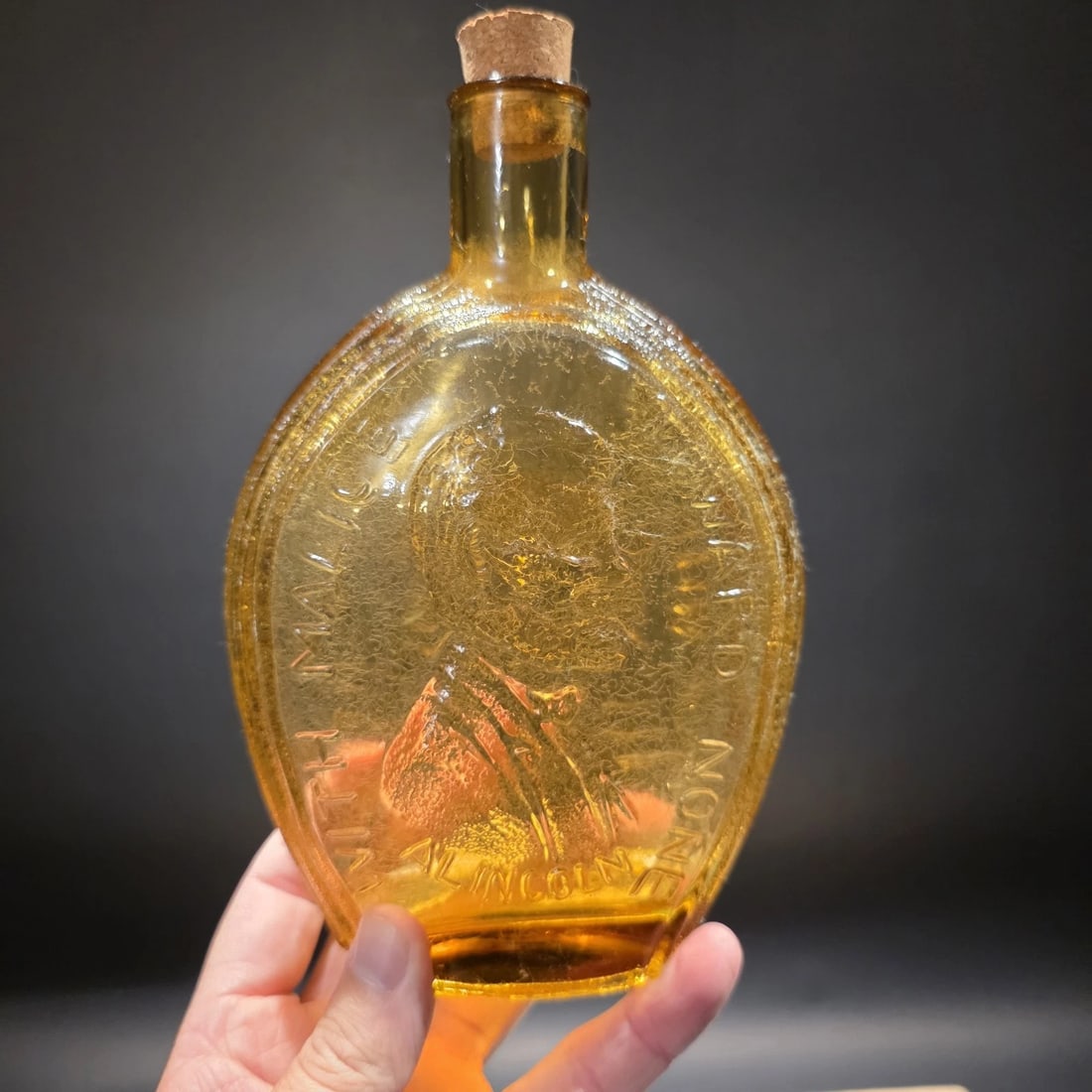8" Amber Glass Abraham Lincoln Decanter Flask Bottle - 10