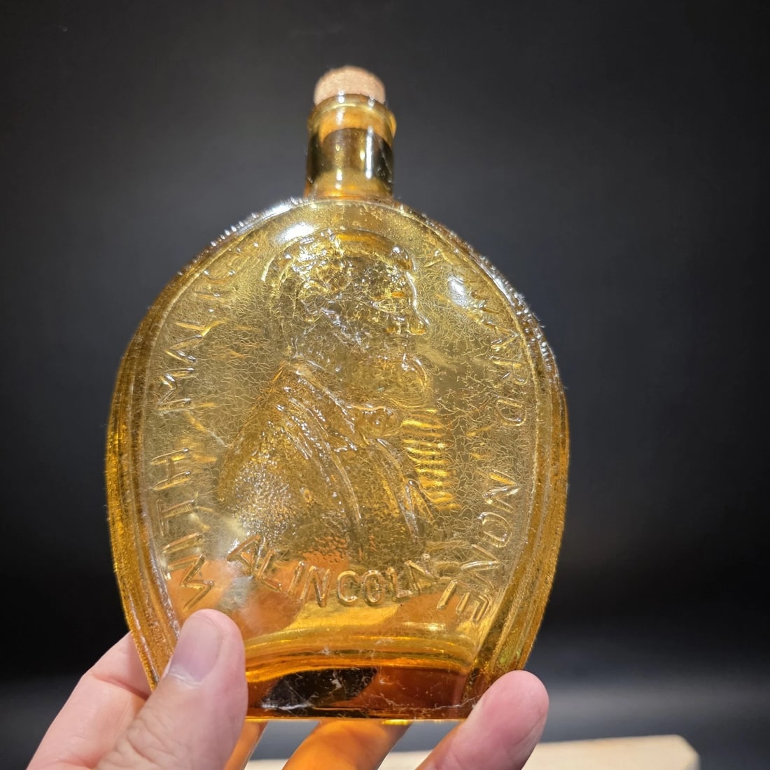8" Amber Glass Abraham Lincoln Decanter Flask Bottle - 11