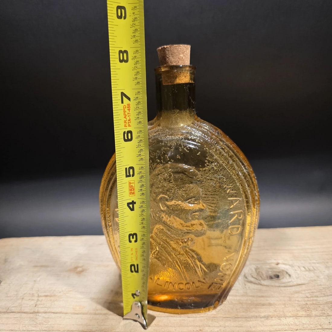 8" Amber Glass Abraham Lincoln Decanter Flask Bottle - 14