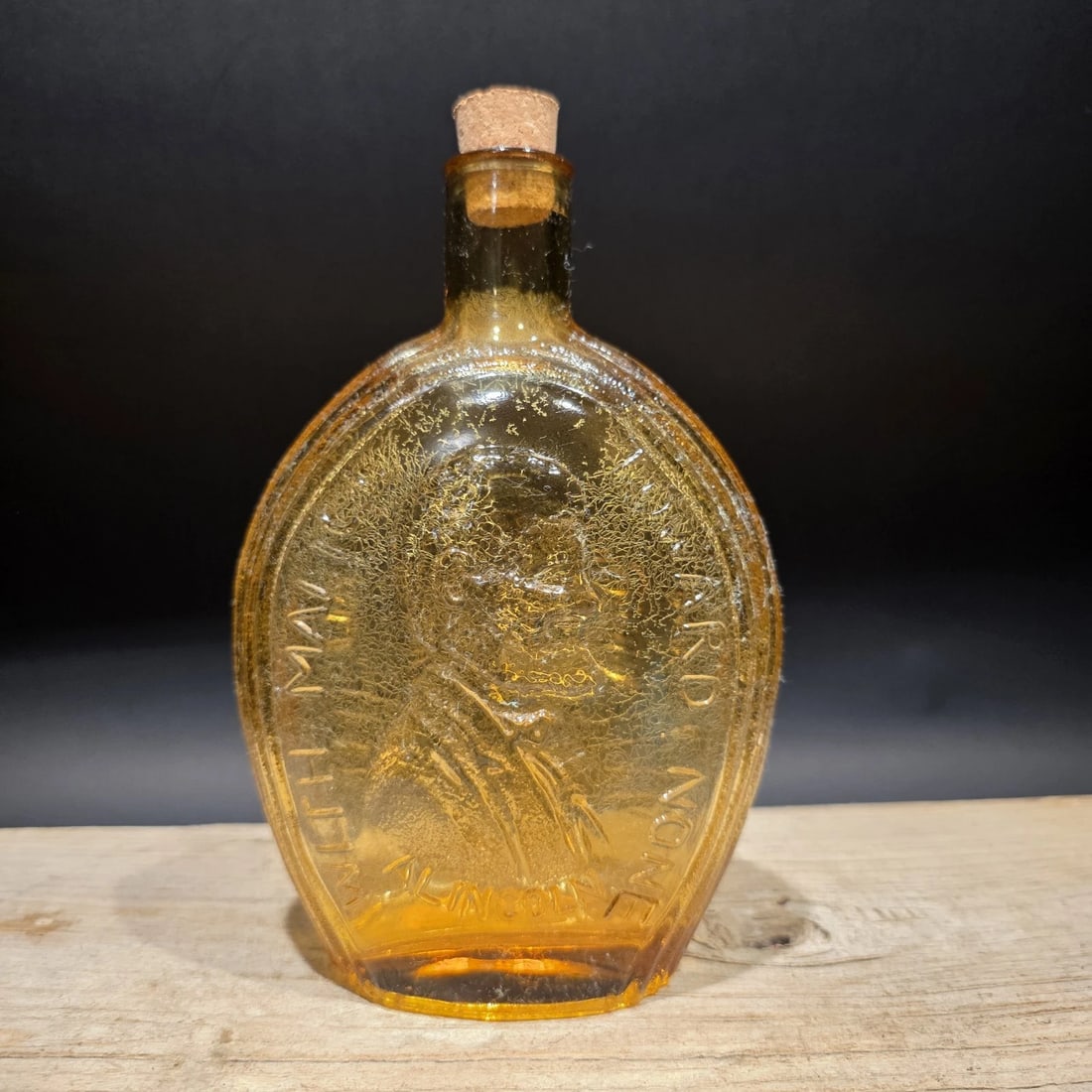 8" Amber Glass Abraham Lincoln Decanter Flask Bottle - 6