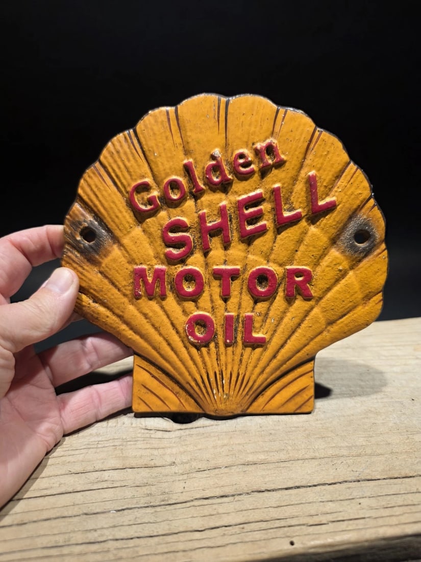7" Cast Iron Golden Shell Oil Sign Plaque - 2