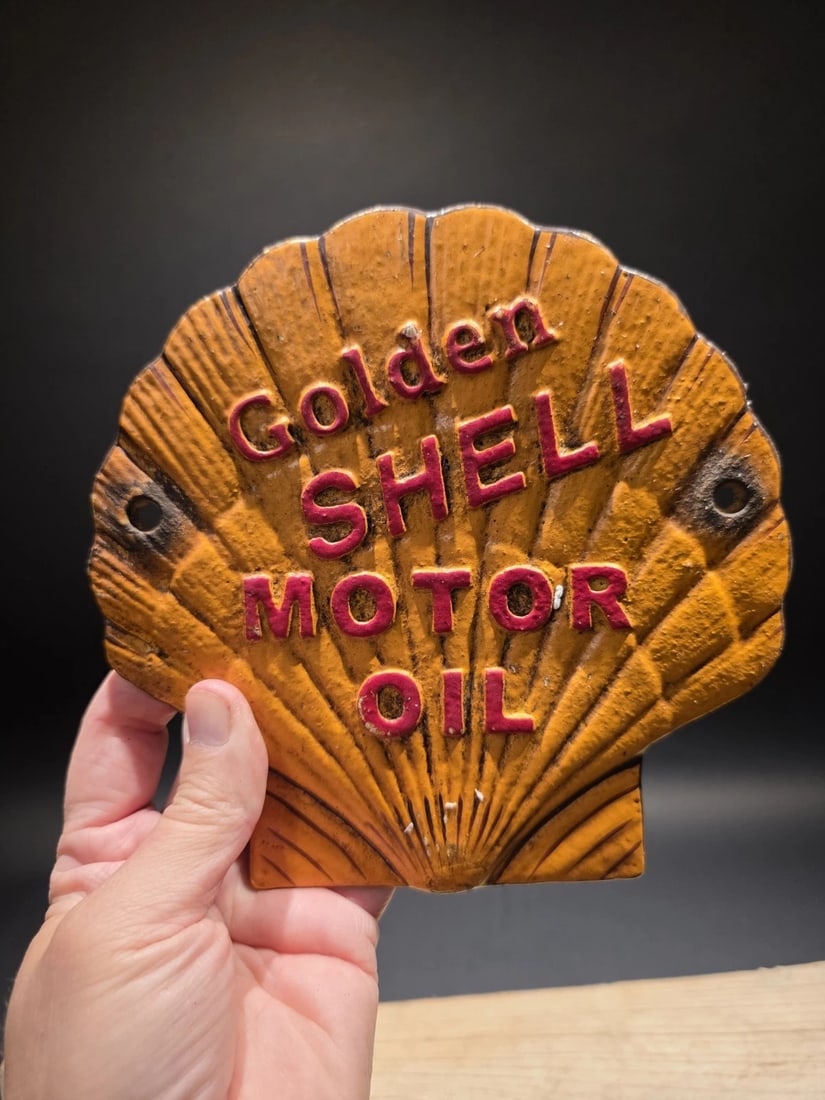 7" Cast Iron Golden Shell Oil Sign Plaque - 6