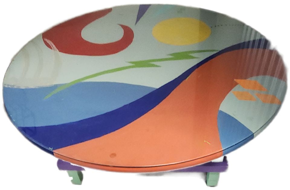 Vintage Designer Memphis Style (44" Diameter) Abstract Hand-Painted Art Coffee Table w/ Glass Top: This one-of-a-kind piece is a great example of how furniture can be art. Vibrant colorful hi-design wood coffee table with thick glass top featuring an abstract hand-painted design in red, blue, yello