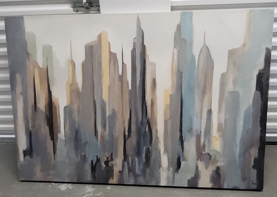 Abstract Impressionist 48x60 Giclee Print Painting on Canvas titled Midtown Skyline by Gregory Lang.: This abstract impressionist work, Midtown Skyline, was created by American painter Gregory Lang, a well-known contemporary California artist known for abstract urban cityscapes. This piece is an
