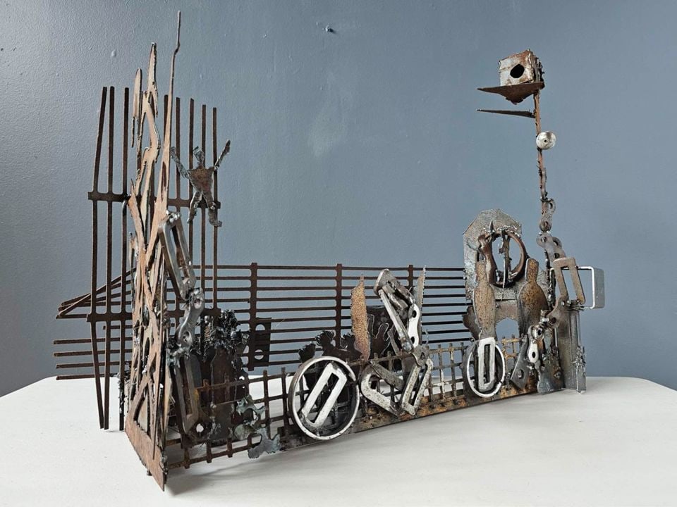 Alfred DiMaio “Securing the Border II” Brutalist Torched Steel Welded Sculpture. 33W x: Large scale powerful on of a kind Brutalist sculpture by the celebrated Connecticut artist, Alfred DiMaio. Constructed using torch cut steel. Signed with initials in the steel on right side. Reserve: 