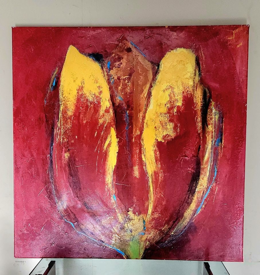 Large Vintage Giclee Canvas Print Painting w/ abstract impressionist image of tulip: Large Vintage Giclee Canvas Print Painting w/ abstract impressionist image of tulip Reserve: $250.00 Shipping: Domestic: Shipping rates are determined by destination International: Foreign shipping