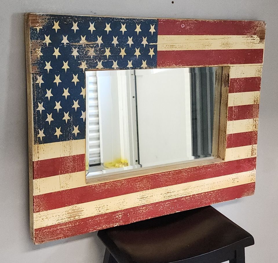 Vintage hand-painted American flag inspired mirror for any country, rustic & modern farmhouse decor.: Vintage hand-painted American flag inspired mirror for any country, rustic & modern farmhouse decor. Reserve: $40.00 Shipping: Domestic: Shipping rates are determined by destination International: