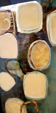 Vintage bold mid-century mixed media oil painting on board w/ enamel lacquer finish. 30" x 30" - 2