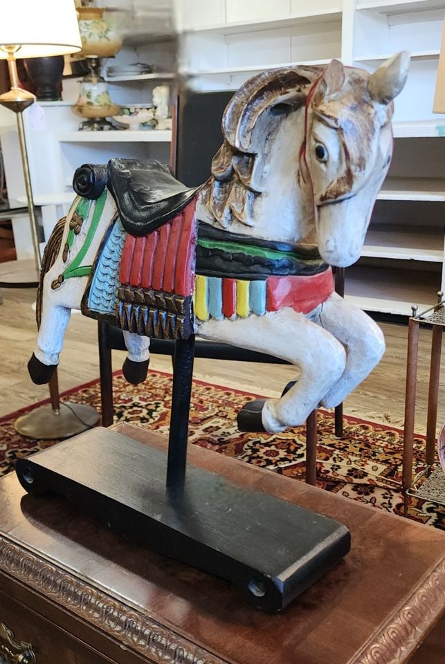 Collectible vintage folk art carved hand-painted wood carousel horse statue w/ vibrant colors. 12x15: Collectible vintage folk art carved hand-painted wood carousel horse statue w/ vibrant colors. 12x15 Reserve: $150.00 Shipping: Domestic: Shipping rates are determined by destination International: