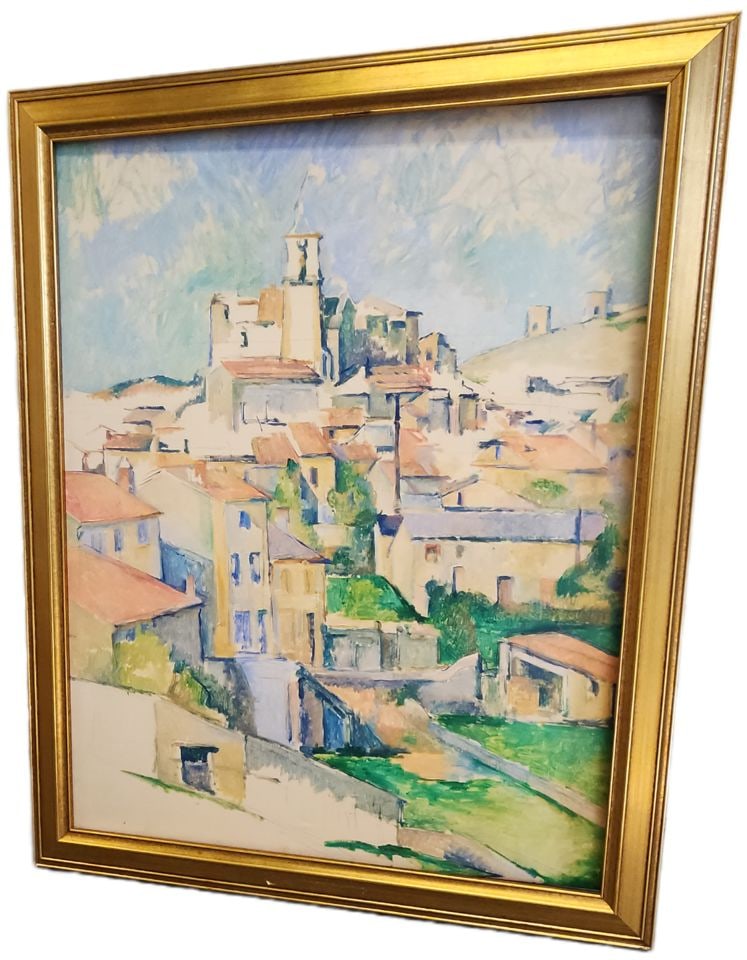 Cézanne oil painting replica of Gardanne, his celebrated 1885-86 early cubism landscape. 28x34: This high quality reproduction is "Gardanne," an important oil-on-canvas landscape by the French Post-Impressionist master Paul Cézanne, created between 1885 and 1886. This work is considered to
