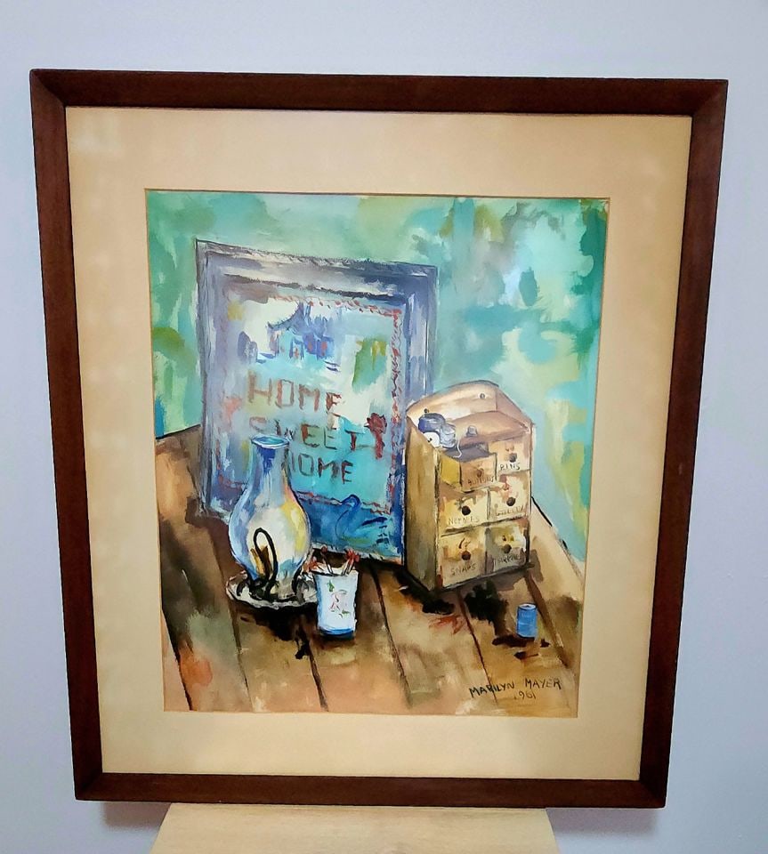 Marilyn Mayer, "Home Sweet Home" signed 1961 original 25"x29" watercolor under non-glare glass.: Marilyn Mayer, "Home Sweet Home" signed 1961 original 25"x29" watercolor under non-glare glass. Reserve: $200.00 Shipping: Domestic: Shipping rates are determined by destination International: Foreign
