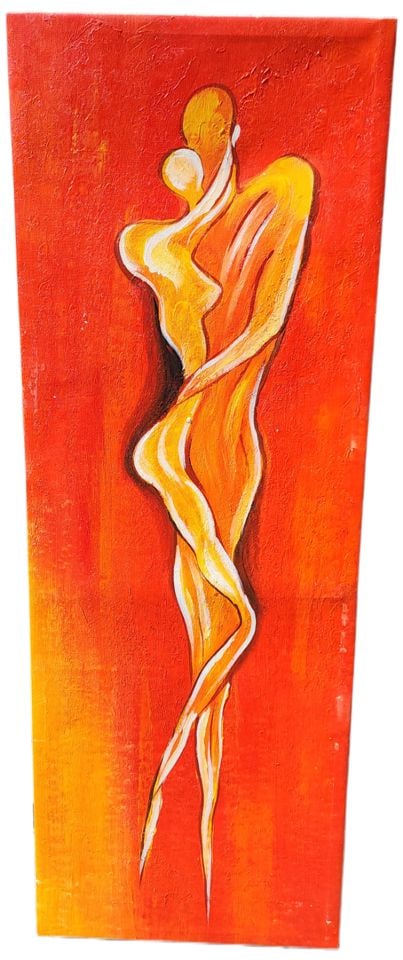 Alfred Gockel, 2 expressionist impasto-style oil on canvas reproductions of his original paintings.: The paintings are "Untitled" and were original works by Alfred Gockel. Each painting depicts two figures embracing, rendered in shades of yellow and orange against a red background. Gockel is known