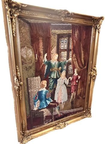 Vintage needlepoint tapestry painting in gilded frame of Baroque 17th Century courtly scene. 36x28" - 3