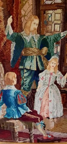 Vintage needlepoint tapestry painting in gilded frame of Baroque 17th Century courtly scene. 36x28" - 4