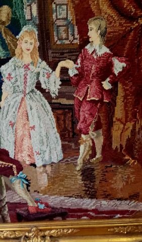 Vintage needlepoint tapestry painting in gilded frame of Baroque 17th Century courtly scene. 36x28" - 5