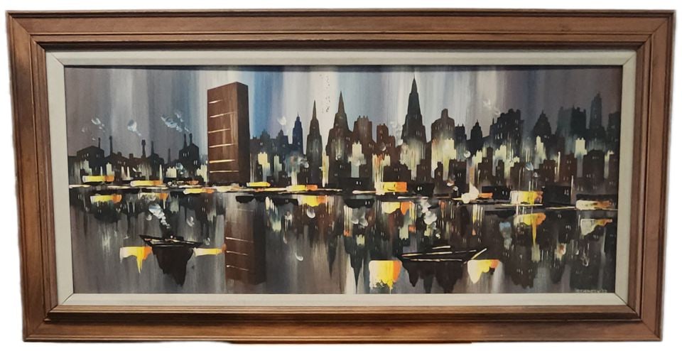 Edgar Stareck Original 1962 Abstract Impressionist NY Skyline Oil Painting on Board. Signed.: Original mid-century abstract oil painting on board by Edgar Stareck, dated 1962. This piece depicts a stylized New York City skyline at night with vibrant yellow and orange highlights reflecting on