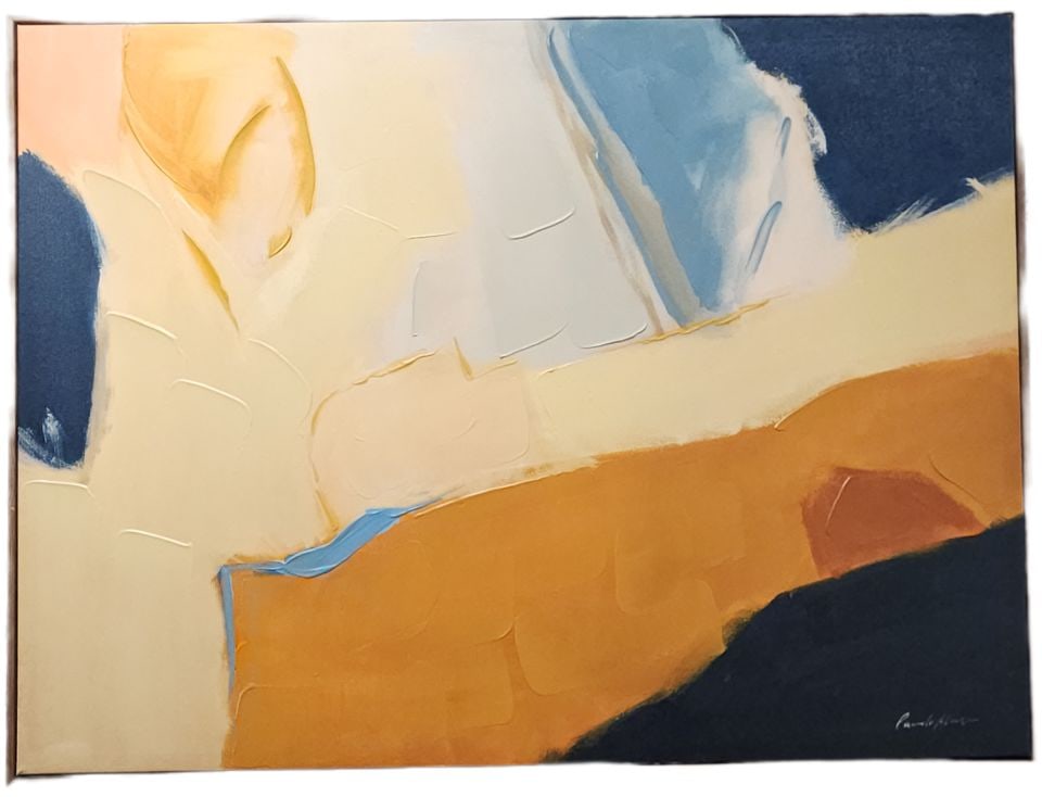 Striking Impasto-Style Embellished Giclee Abstract Print Painting "Golden Gate" by Pamela Munger.: Textured abstract painting. Features vibrant colors like yellow, orange, light blue, and navy. Has thick, impasto-style brushstrokes and makes a strong artistic statement. Facsimile signed by Pamela M