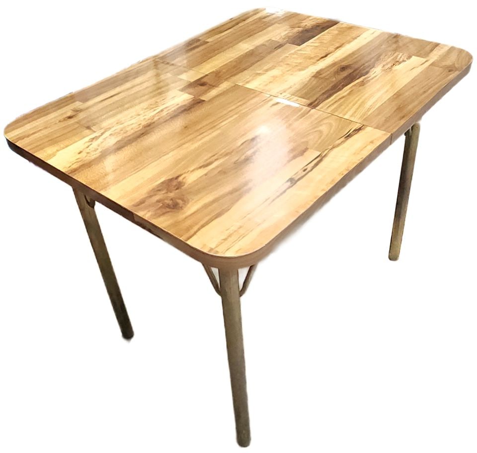 Fabulous 1950s/60s Mid-Century Modern Formica Kitchen Table w/ Braced Metal Legs (No leaf): Vintage well-built Dinette table has a wood-grain patterned laminate formica top with rounded corners. The base consists of four tapered metal (perhaps brass) legs and structural bracing. The