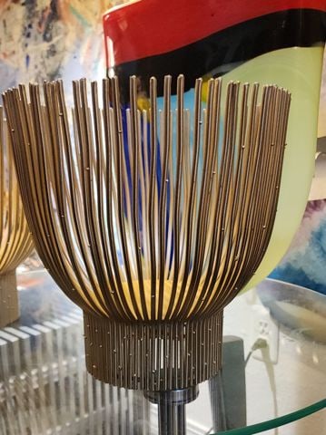 Pair of designer Eli Tahari gold finished caged wire candle holders inspired by Harry Bertoia. - 5