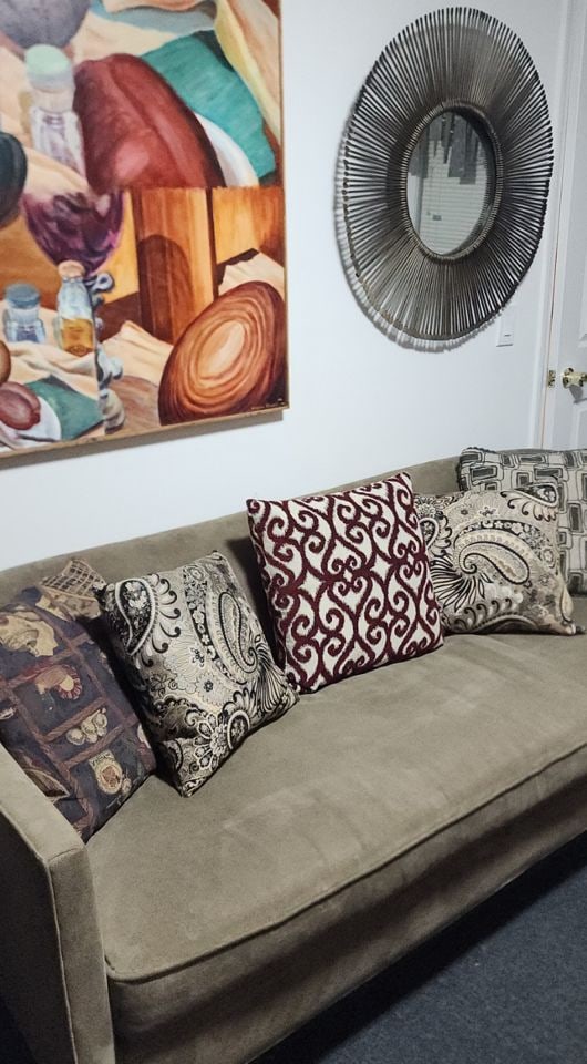 Elegant vintage Bauhaus/Deco style 7' sofa by NC Burnhardt Interiors down-filled w/ suede-type: Elegant vintage Bauhaus/Deco style 7' sofa by NC Burnhardt Interiors down-filled w/ suede-type fabric. Reserve: $600.00 Shipping: Domestic: Shipping rates are determined by destination International: