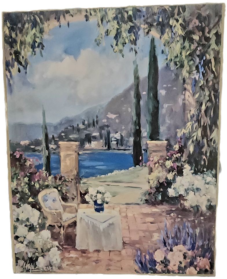 Allayn Stevens 22x28 vintage non-original oil painting of "Countryside Terrace" Facsimile signed.: Allayn Stevens is a highly regarded popular contemporary artist known for her landscape and still life works, often focusing on the effect of light. This reproduction on canvas depicts a serene,