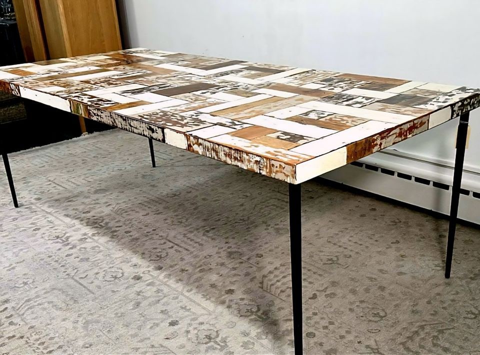 Unique 87"x 39" modern dining table w/ mosaic reclaimed wood lacquered top hand-crafted by Interlude: One-of-a-kind large mid-century modern style dining table artistically created using weathered and reclaimed wood... assembled into an abstract mosaic patchwork pattern finished with a heavy clear lac