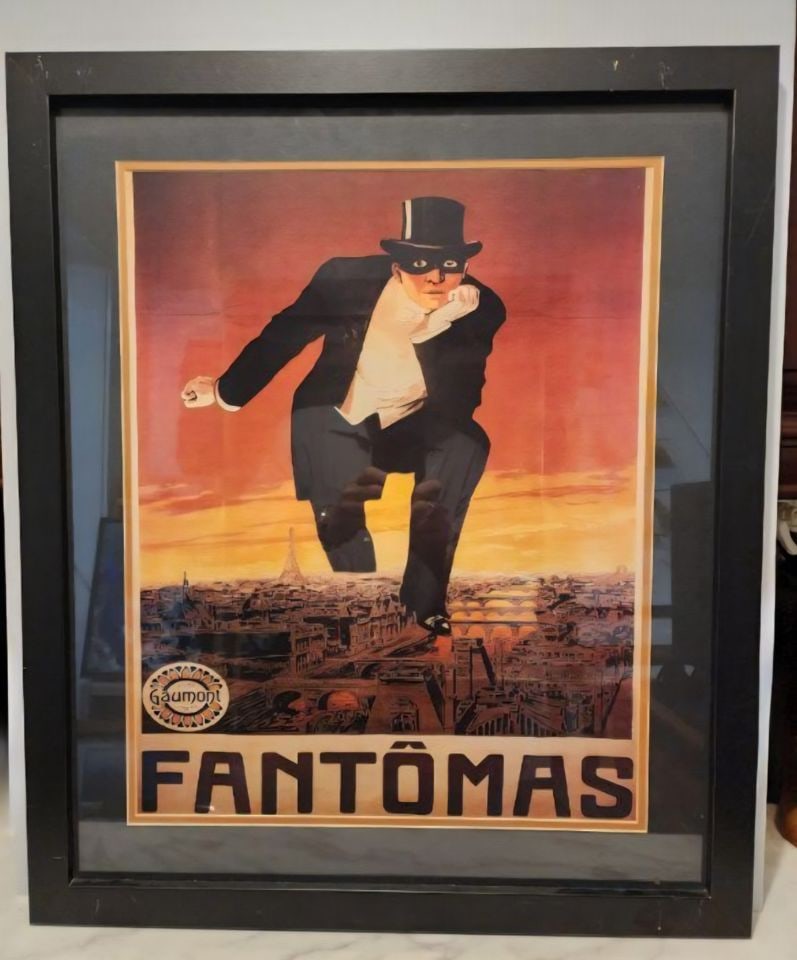 Vintage 22x26 poster for historic 1913 French silent film serial "Fantômas", directed by Louis: Fantomas was based on the popular novels by Pierre Souvestre and Marcel Allain. This iconic poster is a well-known piece of cinematic art, often attributed to artist Achille Mauzan. Reserve: $200.00