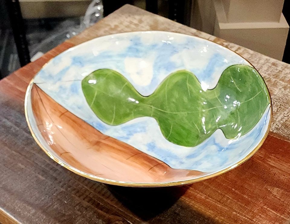 Mid-Century Hand-Painted Ceramic Art Bowl w/ organic abstract design. 15" Diameter. Signed, 1968.: Wonderful hand-painted abstract impressionist design inside with green and brown leaves, light blue and white background. Gold trim around the edge. Bottom has signature and date 1968. Would make for