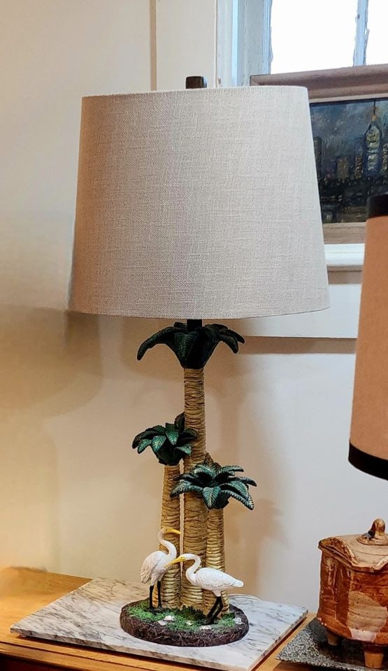 Visit Miami with this beautiful Mid-Century Hand-Painted Ceramic Palm Tree and Crane Lamp: Visit Miami with this beautiful Mid-Century Palm Tree and Crane Lamp Reserve: $300.00 Shipping: Domestic: Shipping rates are determined by destination International: Foreign shipping rates are