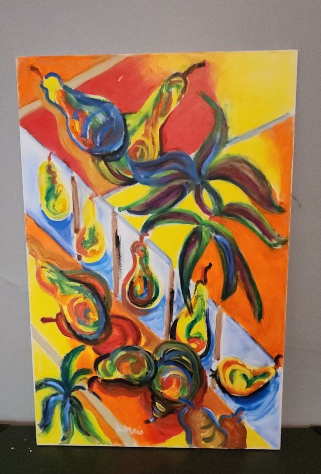 Alfred DiMaio, signed original abstract expressionist painting w/ vibrantly colored floral imagery: Alfred DiMaio is a highly regarded contemporary artist based in Stamford, Connecticut, known for his imaginative abstract and landscape paintings. He work is marked by a lively use of color. He